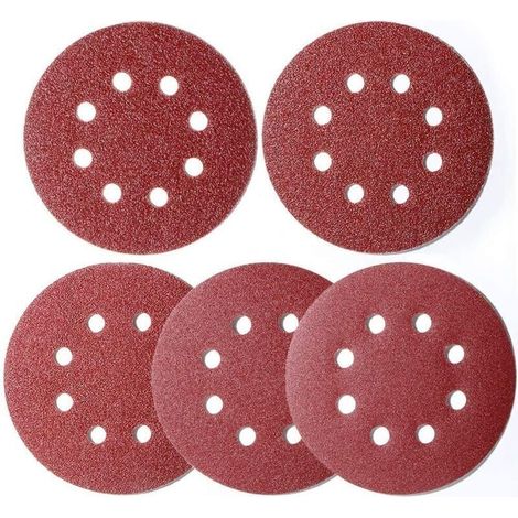 Lot de 100 disques abrasifs 125 mm – Assortiment grains 40/60/80/120/180 – 8 trous pour aspiration – Pour ponçage bois, plastique, métal
