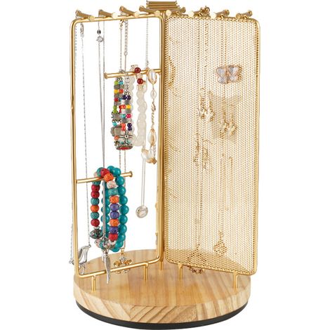 Porte-bijoux tournant en bois 3 en 1 avec socle pivotant et étages multiples pour colliers dorés