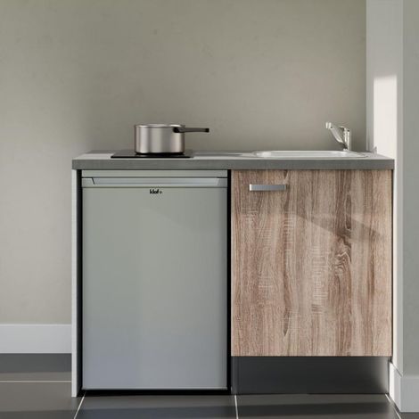 Kitchenette K08L-PT - 120 cm - plan stratifié, évier inox, - Façade Bois - Plan Gris béton - Evier Inox - Crédences Non + Electroménager inclus coloris Inox