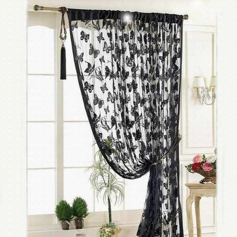 Rideau En Dentelle - Noir - Broderie Fleur De Rose Vintage - Semi-Transparent - Bord Arrondi - 100 x 200 cm - 2 Pièces (1/4)