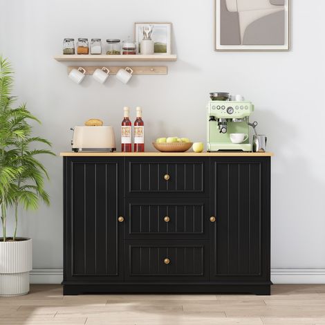 Aparador de salón-cocina - 126 x 40 x 86 cm - 3 cajones, 2 puertas tipo frigorífico, almacenamiento inteligente - Madera negra y natural
