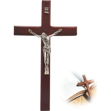 Croce da parete in legno con struttura in lega, 20 x 11,5 cm, Gesù Cristo, decorazione murale cattolica per chiesa, casa, soggiorno. (1/5)