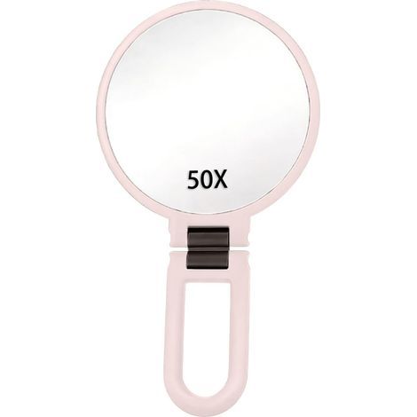 Miroir grossissant x 50, miroir à main avec poignée, main double face avec grossissement 50X/1x, essentiel de voyage, maquillage portable pliable pour maquillage de précision, noir givré (rose) (1/5)