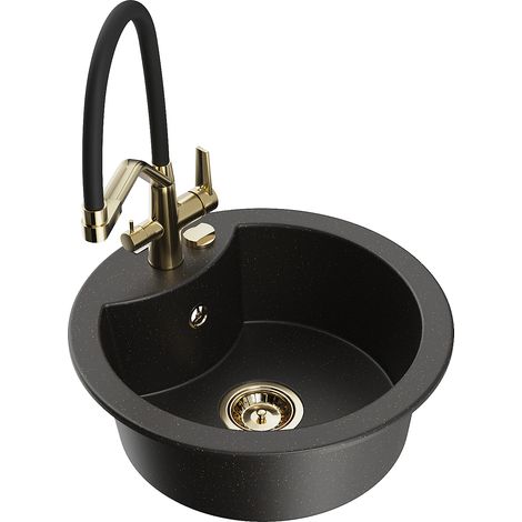 Mexen Diego Granitspüle 1-Becken mit Küchenarmatur Duo, schwarz/gold metallic - 6512-75-671701-57-G (1/5)