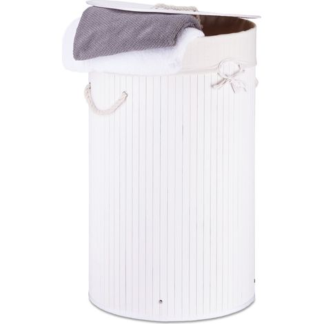 Relaxdays Folding Round Laundry Basket, 41 cm Diameter, 65 cm Tall, Foldable, Volume of 80 L, with Cotton Laundry Sack, White