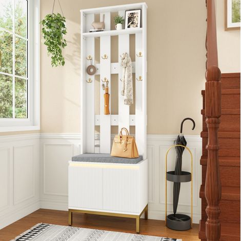 Mueble recibidor con banco 60x35,5x191,5 cm blanco MDF, zapatero - CHICFURN (1/5)