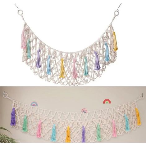 Hamac pour ranger les peluches, organisateur mural de style bohème avec filet d'angle suspendu en macramé et perles en bois, pour une chambre d'enfant. (1/5)