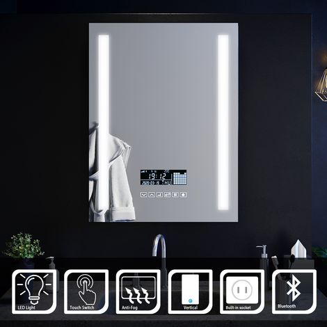 ELEGANT Bathroom Mirror with LED Lights Wall Mounted Bathroom LED Mirror 600x800mm Touch control Anti-Fog Clock Function Bluetooth Audio Shaver Socket (1/7)