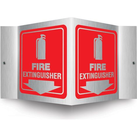 Panneau de projection 3D, Légende « Extincteur d'incendie (flèche) », panneau de 15,2 x 12,7 cm, aluminium brossé de 0,1 cm d'épaisseur, trous de montage pré-percés, rouge sur