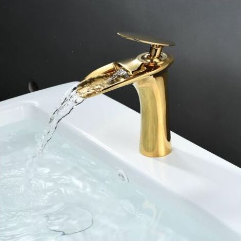 SHUNLI Robinet Salle de Bain Cascade Mitigeur de Lavabo Bec Haut pour Vasque Robinet Lavabo - Or (1/5)