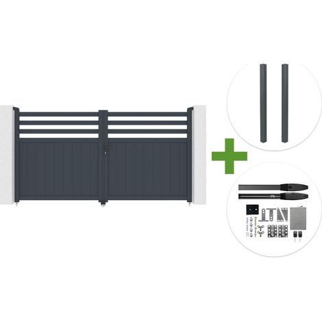 Portail battant 3m NEVIS H.160cm aluminium gris + 2 poteaux ELDA aluminium gris 15x15cm + motorisation Hicker B200 (1/5)