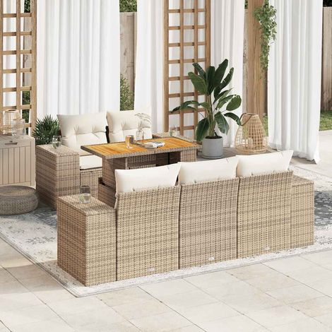 Ensemble Salon Jardin 6 Places Résine Tressée Beige avec Table Acacia Modulable et Coussins Lavables (1/4)