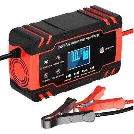 Chargeur, booster et câbles de démarrage Chargeur de Batterie Intelligent 12V/24V 8A, Chargeur Batterie Mainteneur et Automatique Réparation Fonction Portable avec Écran LCD, pour Voiture Moto Camion,