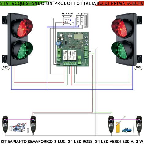 Semaforo Parcheggio Garage Kit 2 Semafori Orientabili IP65 24 Led Rossi e 24 Led Verdi Centrale Funzioni Gestite da 2 Fotocellule Tempi Regolabili da 8 a 120"Alimentazione 230 V 3W Traffico Condominio (1/4)
