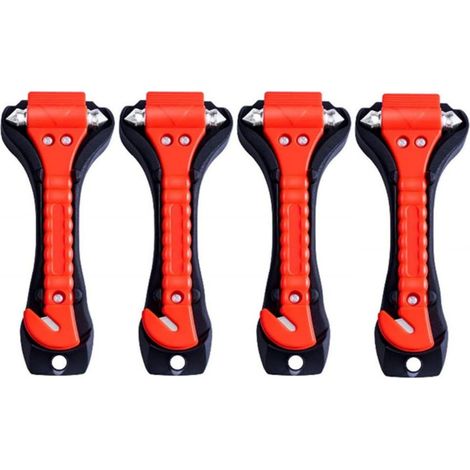 Marteau De Secours Automobile - Tête En Acier Tungstène - Coupe-Ceinture Intégré - Base De Fixation Incluse - Lot De 4