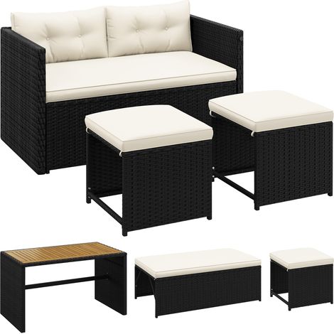 Yaheetech Salon de Jardin en Polyrotin pour 4 Personnes Ensemble Extérieur 2 en 1 avec Table à Manger en Acacia Banquette Convertible en Canapé Tabourets pour Terrasse Patio Noir/Beige (1/5)