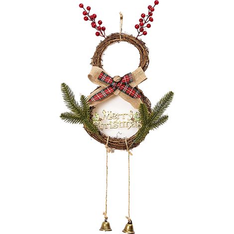 (Weihnachtsrentier) Dekorativer Weihnachtskranz zum Aufhängen an der Tür, mit fantasievollen Ornamenten, die den Weihnachtsmann und einen Schneemann darstellen. (1/2)