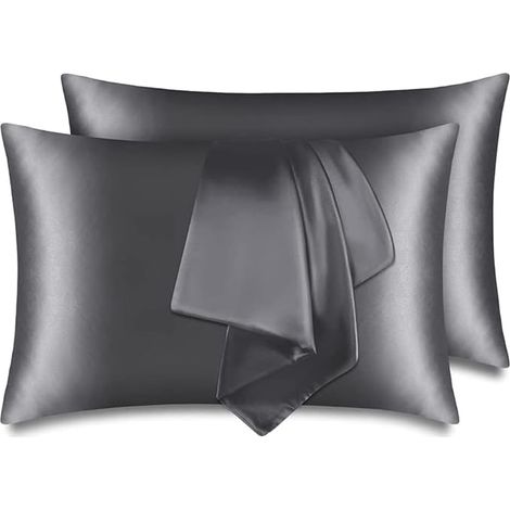 Lot de 2 housses de coussin en satin pour cheveux et peau, 100 % satin soyeux avec fermeture à enveloppe, taie d'oreiller douce et respirante, 50 x 70 cm, gris foncé (1/5)