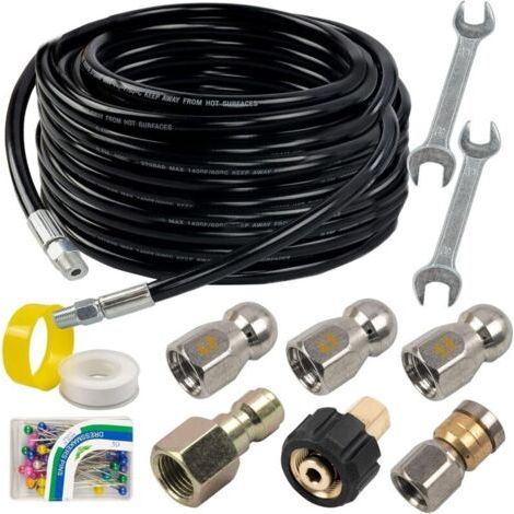 Kit de jet d'égout pour nettoyeur haute pression de 15m, tuyau de nettoyage de canalisations de 6,35 mm, orifice 4.0 bouton nez et buse rotative pour égout (1/4)