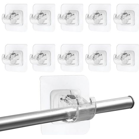 10 Pièces Support Tringle Rideaux sans Percage,Porte-Serviettes Clips Supports de Tringle Auto-Adhésifs Transparent, Crochets Autocollants pour Tringle à Rideaux pour Cuisine Salle de Bain(Sans tige)-