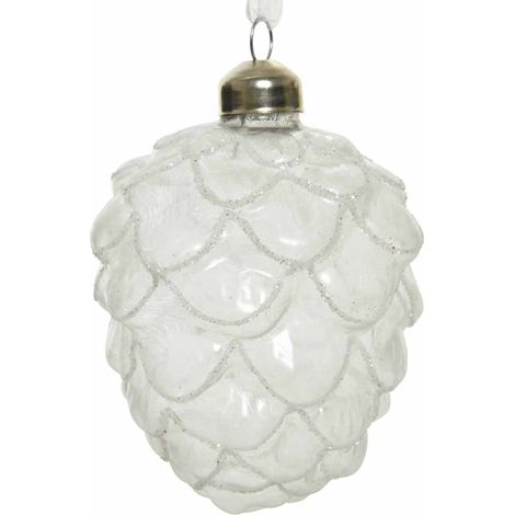Pallina per albero di Natale, in vetro, a forma di pigna, bianca, 7x10 cm, 1 pezzo