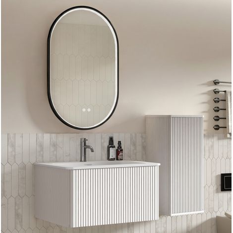 Meuble de salle de bain avec vasque 80 cm, suspendu, miroir LED, blanc HAVRYA (1/5)