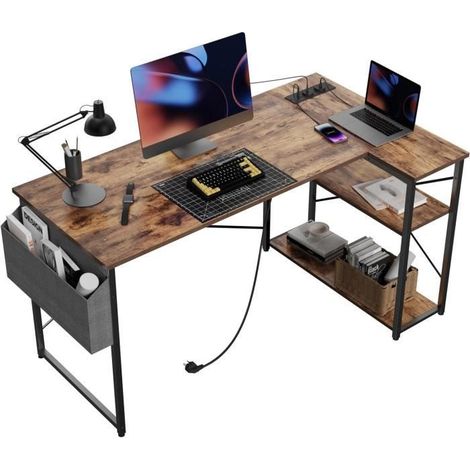 Bureau Informatique - BEXEVUE - Angle - 100x70 cm - Barrette d'alimentation USB - Etagères ouvertes