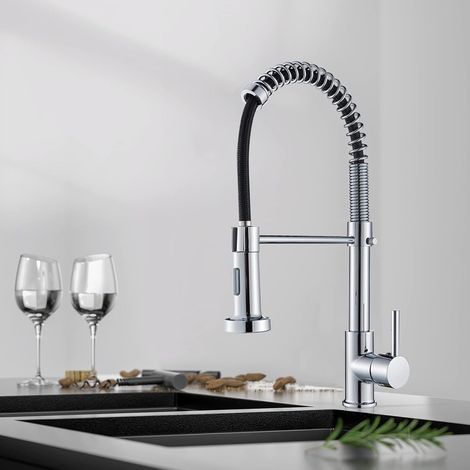 Rubinetto da cucina S-giant in nichel spazzolato, miscelatore da cucina con doccetta 360°, rubinetto per lavello ad arco alto, spruzzatore retrattile, 2 modalità di spruzzo, caldo e freddo - Cromato (1/5)