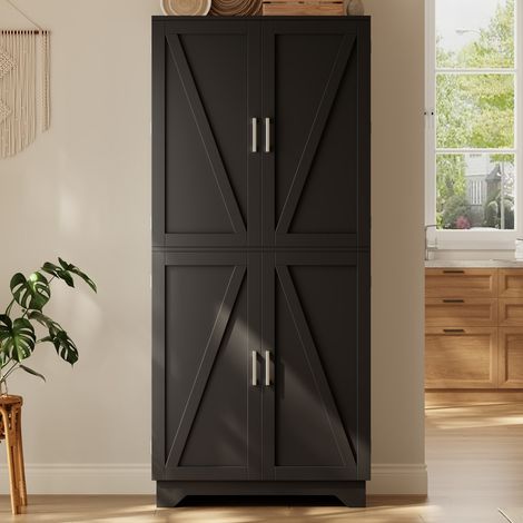 Buffet enfilade 80×40×180 cm, armoire haute 4 portes coulissantes style grange, casier à vin, étagères, salon salle à manger, noir, naturel (1/5)
