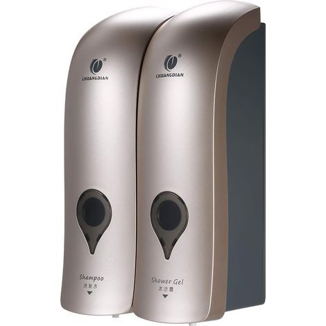 Lot de 2 Distributeurs de Savon Manuel 300 ML, Distributeur de Savon Liquide, Distributeur Mural, sans Perçage à Double Tête, Distributeur de Shampooing, pour Salle de Bain,doré (1/5)