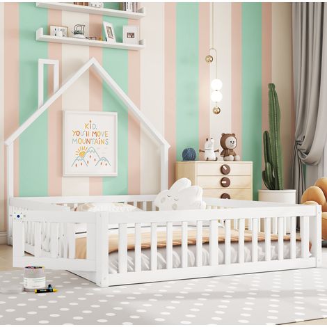 Kinderbett 140x190 mit Sicherheitsgittern und Lattenrost, weiß, Kamin-Design HAVRYA (1/5)