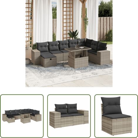 vidaXL Gartentisch mit Glasplatte -  9-tlg. Garten-Sofagarnitur mit Kissen Hellgrau Poly Rattan (1/5)