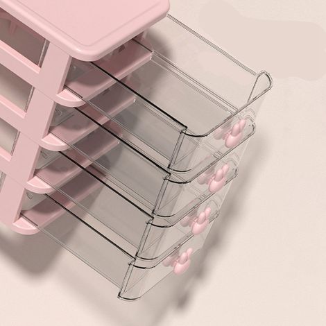 Boîte de rangement bureau transparente en plastique, grande capacité, 3 tiroirs avec poignée lapin, organiseur pour livres stylos, rose 13,4x17x16cm (1/5)