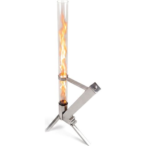 Antorcha de pellets Relaxdays, columna de fuego para jardín, tubo de vidrio, HBT 130x50x34 cm, acero inoxidable