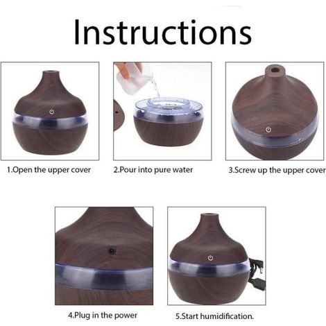 300 ML Humidificateur d'Air Ultrasonique Deep Wood Grain Huile Essentielle Cool Air Mist Aroma Diffuseur Coloré LED Night Light avec (1/4)