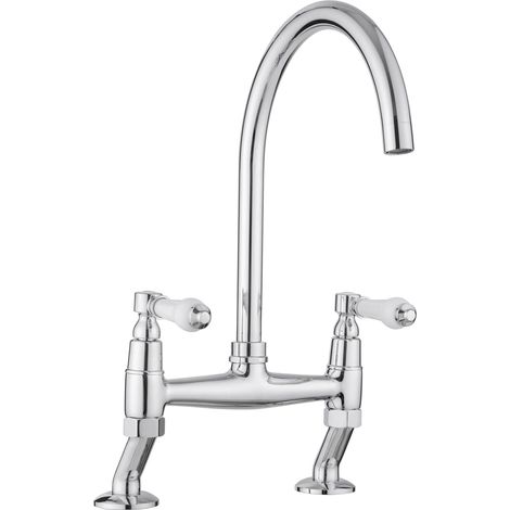 JASSFERRY Bridge Mixer Tap White Ceramic Lever Handles 2 Hole Kitchen Faucet with Swivel Spout (1/5)