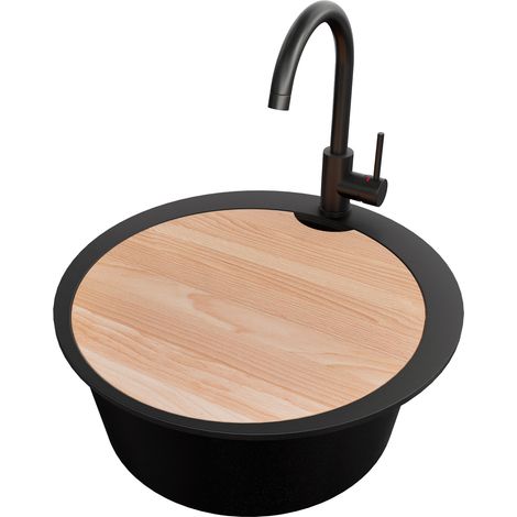 PRIMAGRAN Evier cuisine Granit Rond 53x53cm, Evier 1 bac + Robinet 32x20cm + Kit de Vidage + Accessoire, Lavabo Cuisine au meuble 50cm - Pise Max, Tout Noir (1/5)
