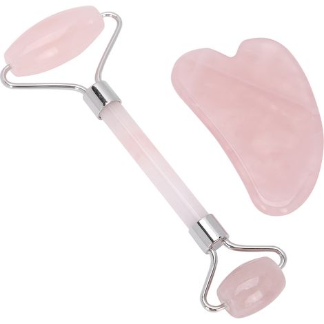 Rouleau de massage facial en quartz rose, rouleau de lifting et de raffermissement du visage, ensemble de planche Gua Sha argentée (1/5)