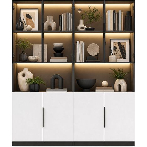 Vitrina moderna minimalista con puertas de cristal, LED regulable, blanco/negro, 160 x 30 x 200 cm (1/5)