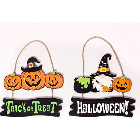 Panneau En Bois Bienvenue - Décoration Halloween Intérieure Avec Nains Et Citrouille - Pour Maison Table Cheminée Supports À Étages - 2 Pièces (1/5)