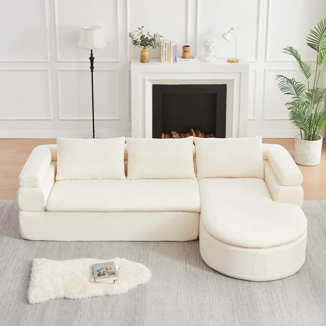 Sofá rinconera con chaise longue de 3 plazas en chenilla beige, forma en L, diseño nube DESVIAE (1/5)
