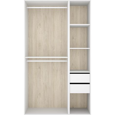 Armoire dressing ouverte avec fond réversible, penderie avec 2 tringles,2 tiroirs et 4 étagères, coloris blanc/naturel - Hauteur 204 x Longueur 119,5 x Profondeur 45 cm (1/5)