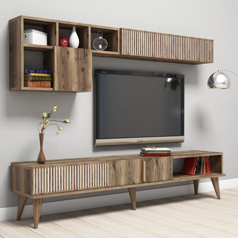 Pared Modular Domanico, Mueble de Salón, 11 Estantes, 4 Puertas, Color Nogal (1/5)
