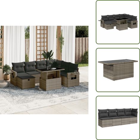 Salon de jardin 8 pcs avec coussins gris résine tressée - Ensemble Salon De Jardin - Mobilier De Jardin - Table De Jardin Extensible - Chaise Lounge - Fauteuil Extérieur