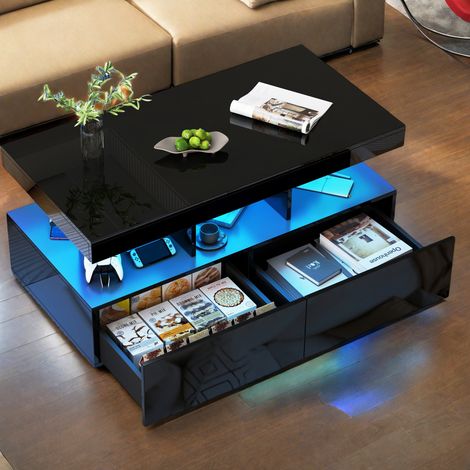 Table de salon rectangulaire, table basse moderne et brillante avec éclairage LED, table de salon avec 2 tiroirs, table basse de salon, décoration intérieure, noir (livraison locale, garantie 2 ans) (1/5)