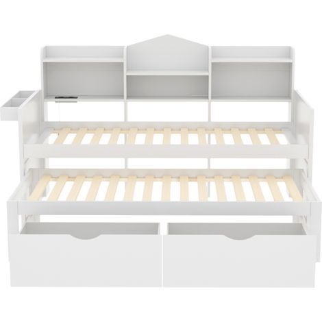 Cama simple extensible 90 x 200 cm blanca con 2 cajones, almacenamiento y USB MODENUIT (1/5)