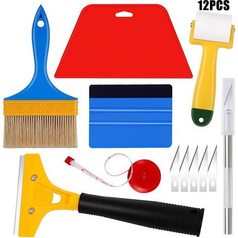 Ensemble d\\'outils de lissage de papier peint de grattoir de voiture, avec rouleau de grattoir, couteau de coupe, ruban à mesurer, couteau à mastic, 12 paquets (1/3)