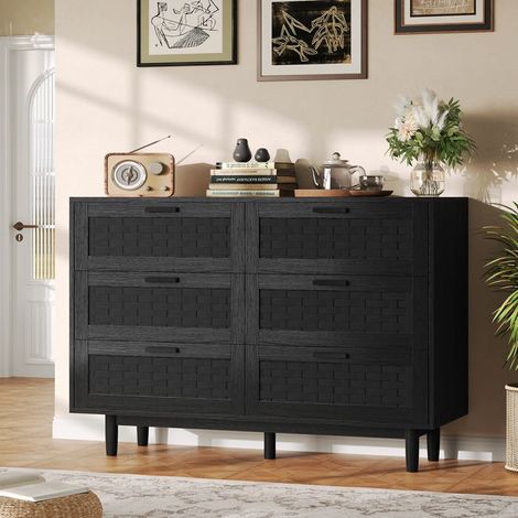 Buffet - 6 Schubladen - Rattan & Massivholzfüße - Schwarz - 115x40x80 cm