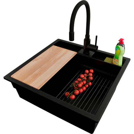 PRIMAGRAN Evier Sous Plan 56x54cm,Evier en Granit 1 bac + Robinet 40x38cm + Kit de Vidage + Accessoires, Évier au meuble 60cm - Bergen Pocket, Tout Noir (1/5)