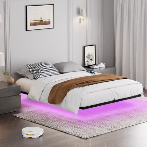 Letto sospeso in metallo 160 x 200 cm con illuminazione a LED, base a doghe in metallo, struttura del letto sospeso stabile e robusta, letto per bambini illuminato, facile da montare, nero.